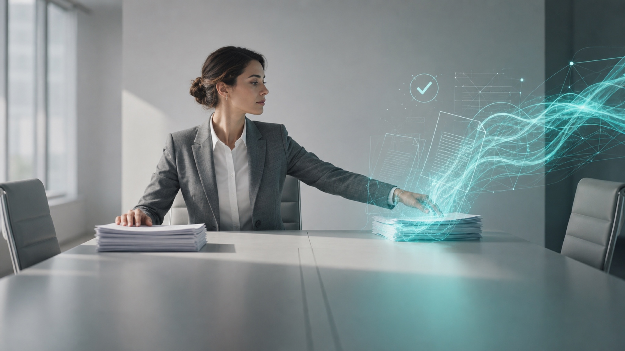 A leader at a conference table passes one stack of work toward a luminous teal stream of automated activity while keeping a second stack firmly under her hand — the delegation line between what to hand to an AI agent and what to keep.