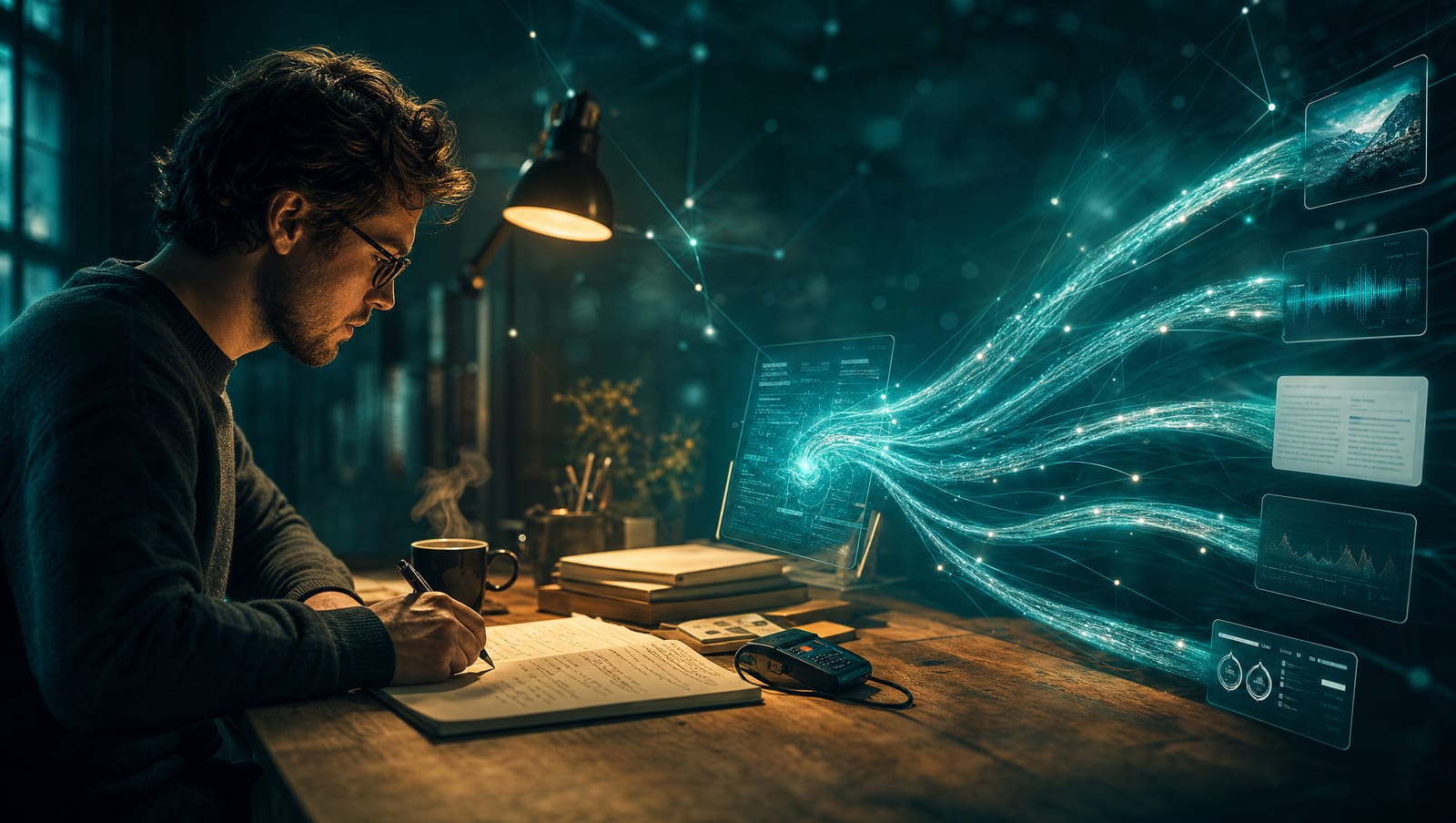 A man in glasses sits at a wooden desk at night, writing by hand in an open notebook; beside him a steaming mug, a warm desk lamp, a stack of books and a small keypad device trailing a cable. To the right, teal streams of light pour out of a translucent screen and fan into several floating panels carrying charts, waveforms and blocks of text.